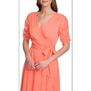 DKNY Women's Coral Wrap Midi Dress with Ruched Sleeves Size 4- Retail Price $140